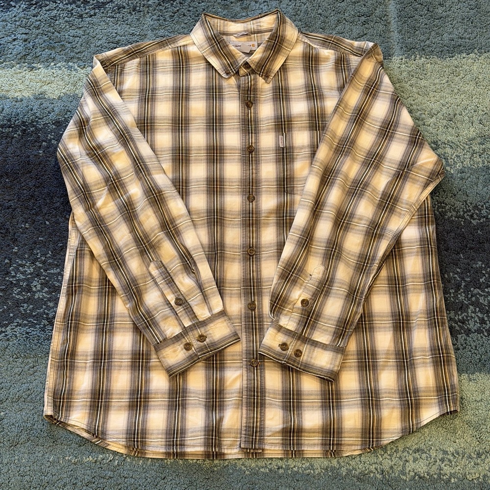 Carhartt Mens XL Gray White Plaid Relaxed Fit Button Up Long Sleeve Work Shirt